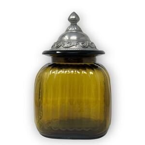 Vintage Artland Amber Glass Ribbed Apothecary Canister Pewter Lid 9.5”